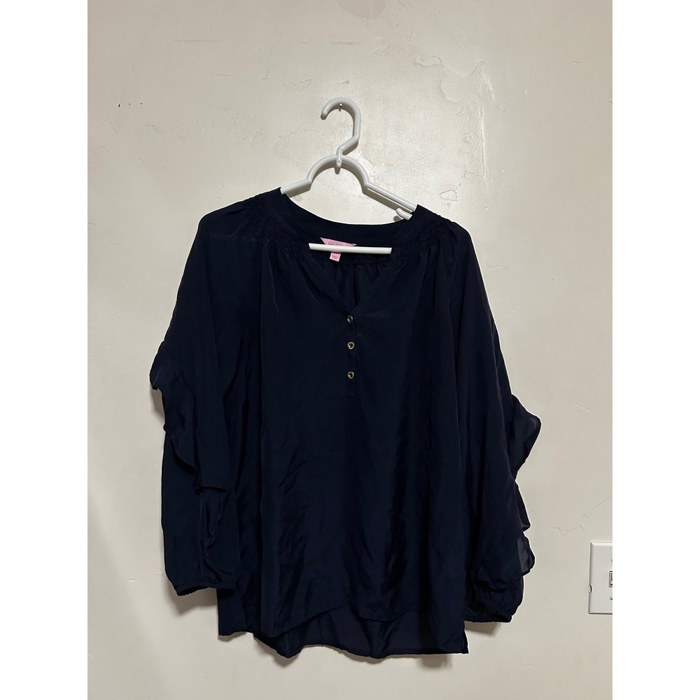Lilly Pulitzer Navy Blue 100% Silk Ruffle Sleeve Smocked Blouse Top M 27952